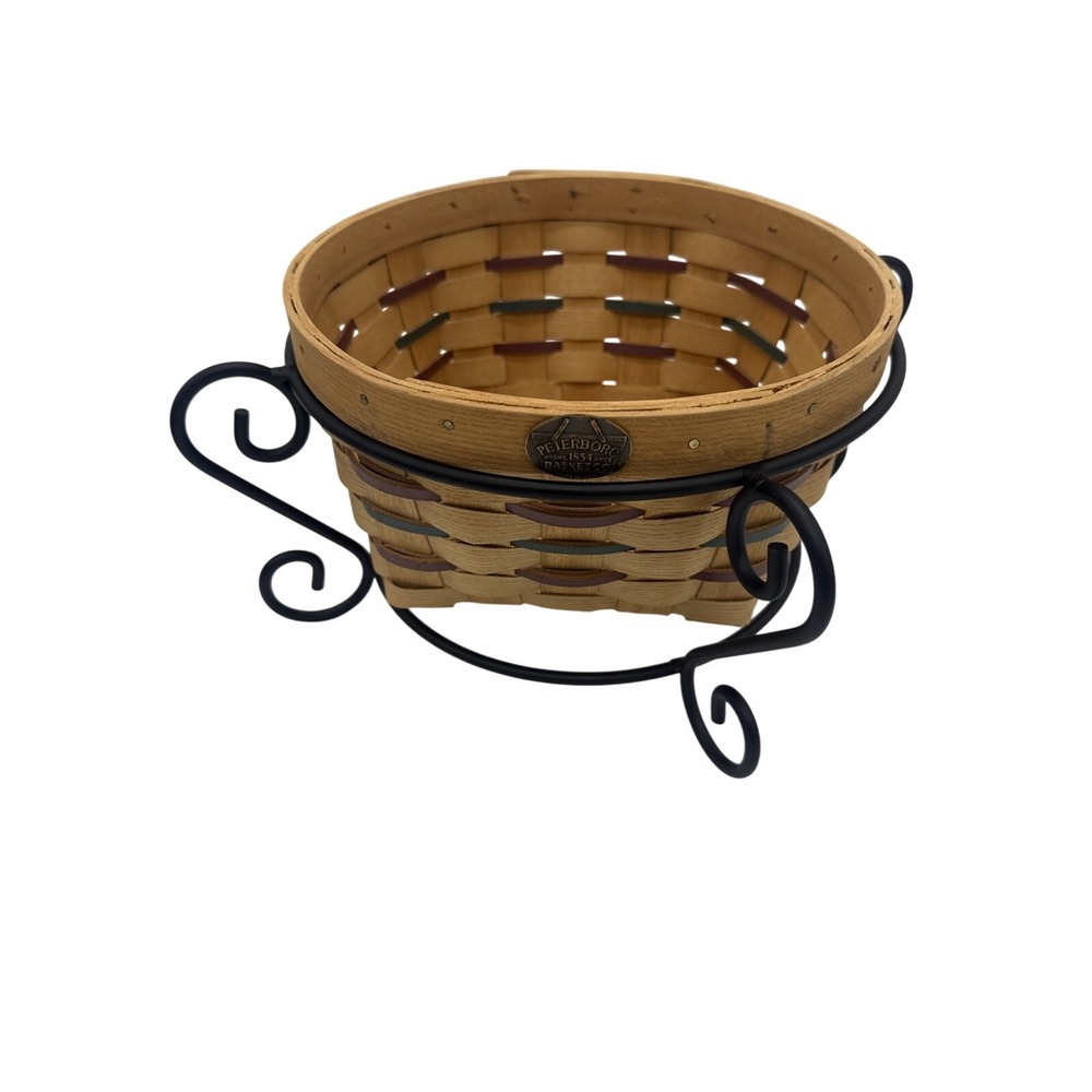 Vintage Peterboro Basket Wrought Iron Scroll Stand 10" Round Red Green Accent